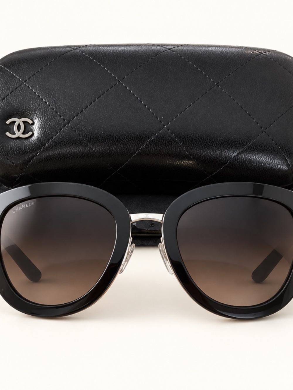 CHANEL Oversized Cat-Eye Sunglasses Black Silver Quilted Arms